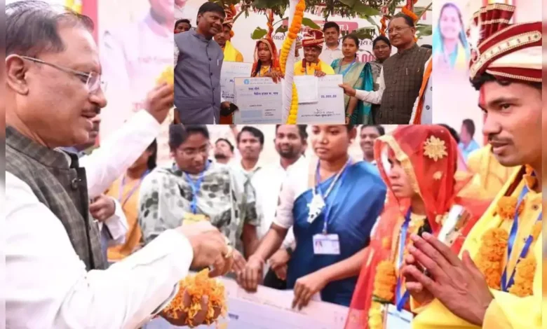 CM Vishnu Deo Sai ने परिणय सूत्र में आबद्ध महेश-हेमला और मड़कम-रव्वा को दिया आशीर्वाद